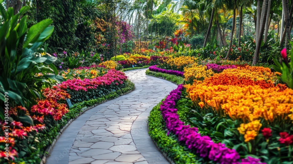 Obraz premium Colorful Flowers Line Winding Garden Path