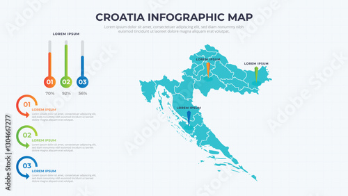 Infographic Map of Croatia. Croatia country map infographic colored vector template with regions and pointer marks.