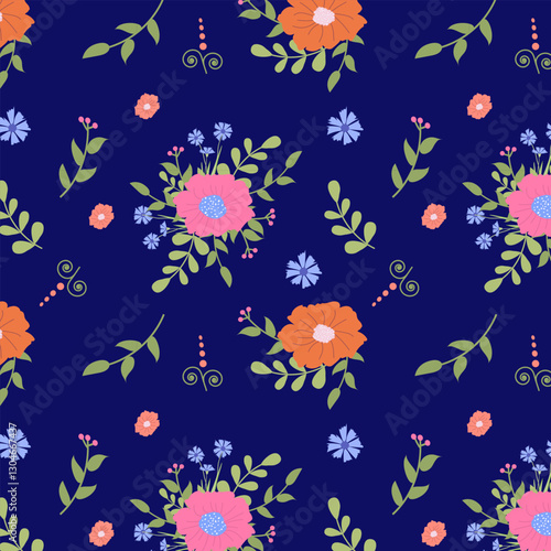 Seamless vector pattern. Abstract pink, orange, blue flowers and leaves on a blue background. Suitable for textiles.