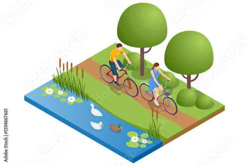 An isometric vector illustration of a couple cycling along a scenic path by a pond with ducks, surrounded by trees and greenery in a peaceful 3D park setting.