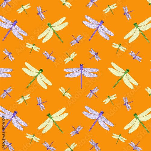 Bright seamless vector pattern. On an orange background fly green and pink dragonflies. Perfect for design, fabrics, packaging, wallpaper and prints.