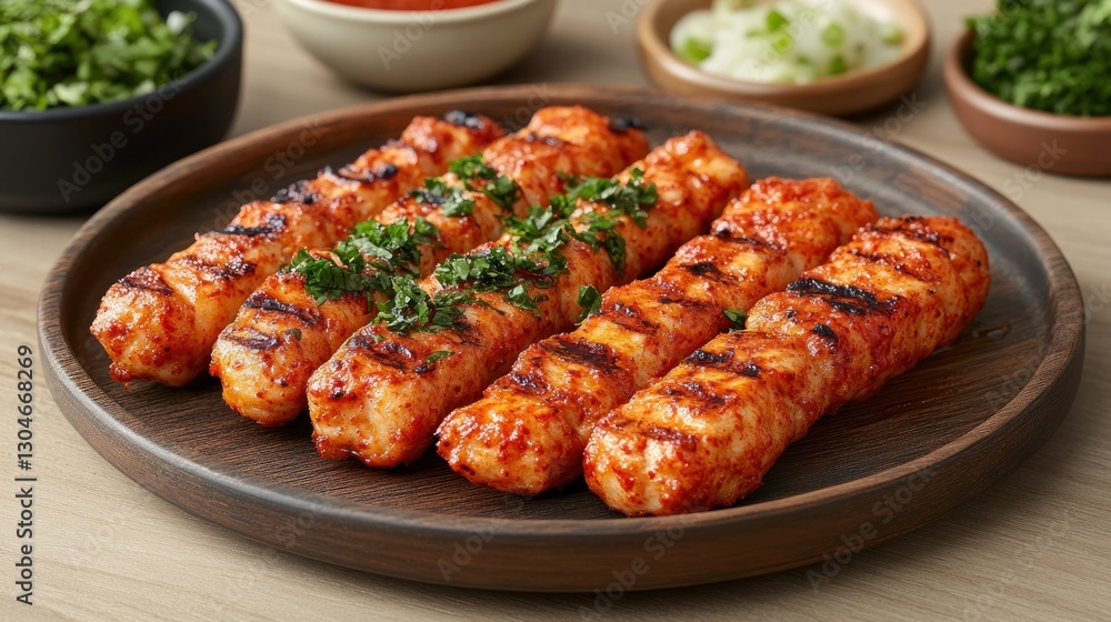 Grilled Chicken Kebab on Dark Plate, with Sauces & Garnish Grilled Chicken Kebab on Dark Plate, with Sauces & Garnish