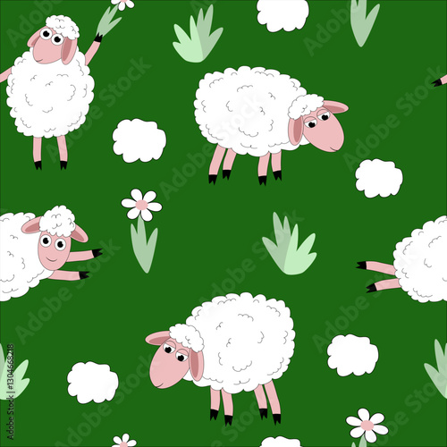 Bright seamless vector pattern. Cute cartoon sheep graze and frolic on a green background. Ideal for design, fabrics, farm product packaging, wallpapers and prints.