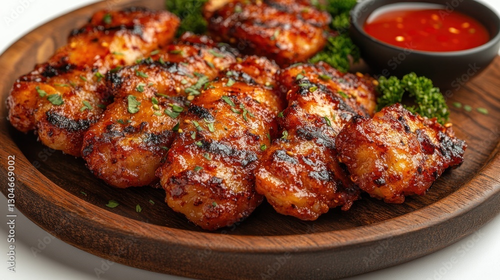 Grilled chicken strips on wooden platter with chili sauce, parsley, and white background Grilled chicken strips on wooden platter with chili sauce, parsley, and white background