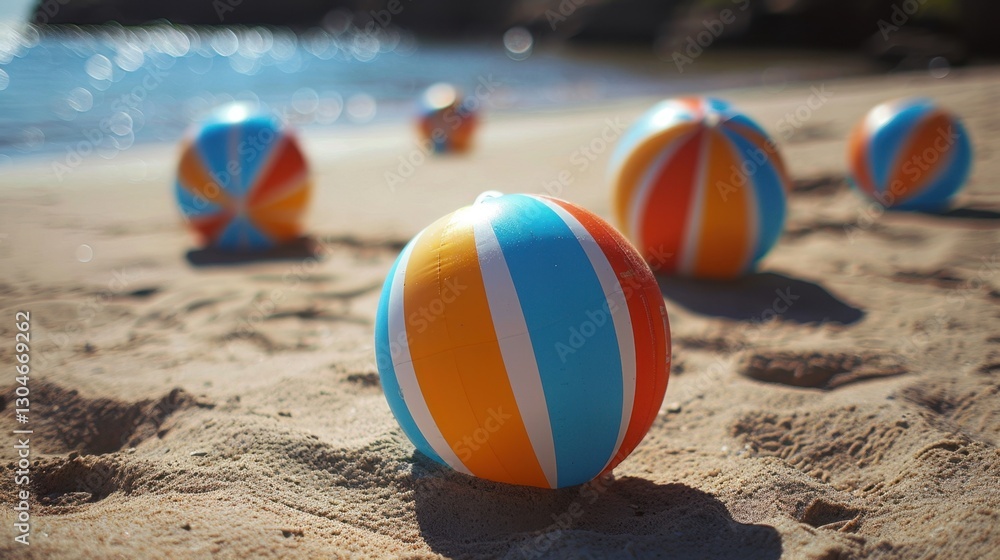 Obraz premium Beach Balls: Inflatable balls with lively stripes of color, designed for beach play, perfect for a day in the sand or water under the sun. 