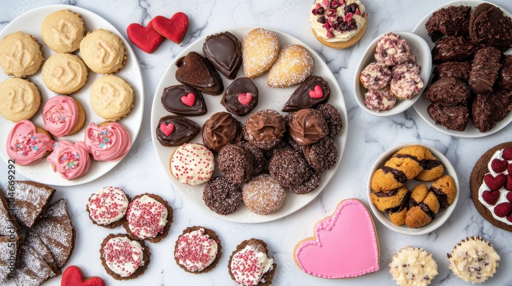 Obraz premium Creative Flat Lay of Valentine-Themed Cookies and Desserts Perfect for Celebrating Love with Sweet Treats and Festive Celebrations on a Marble Background