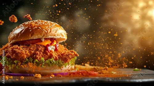 delicious juicy chicken burger on a dark background