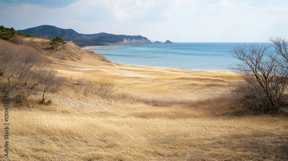 Serene Tottori dunes with golden sands and sparse vegetation, contrasting against the calm sea in the distance Serene Tottori dunes with golden sands and sparse vegetation, contrasting against the calm sea in the distance