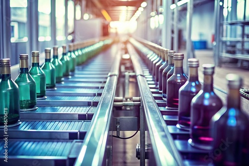 Minimalist Factory Conveyor Belt with Glass Bottles - Industrial Production Stock Photo