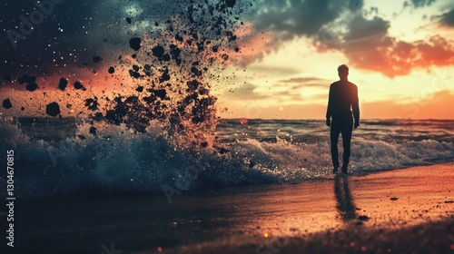 Person stands on a beach at sunset as waves crash and debris flies through the air with dramatic skies in the background. Generative AI