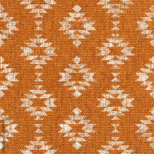 Quadro su tela Block print Aztec diamonds orange burlap texture seamless pattern, textured tribal Southwestern Aztec geometrics on fabric texture background
