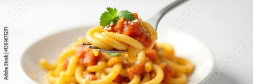 Close-up of pasta coated in flavorful sauce on a fork against white backdrop , white, cooking