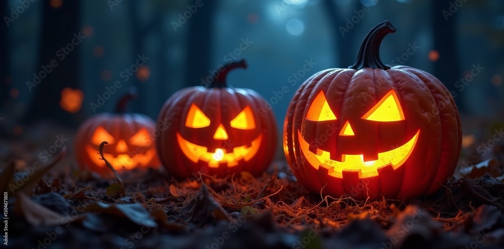 Jack-o-lanterns glowing in the dark with spider webs, background, Halloween Jack-o-lanterns glowing in the dark with spider webs, background, Halloween