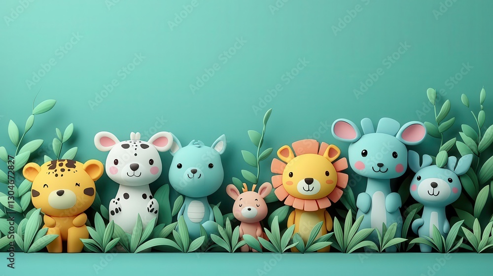 Naklejka premium Eco-friendly concept, A colorful collection of cute animal figurines surrounded by vibrant greenery, perfect for kids' rooms and playful decor. Copy space, commercial use