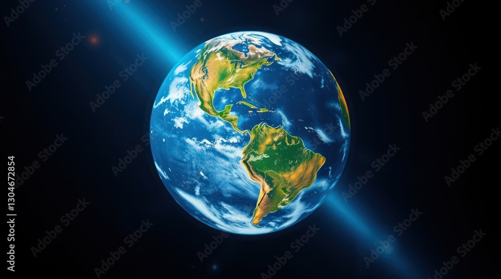 Fototapeta premium Earth Globe View From Space with Light Beam and Dark Background