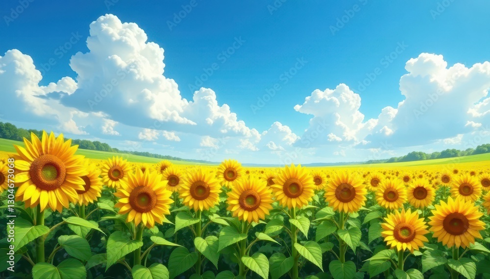 Expansive field of sunflowers bathed in sunlight, contrasting with a vivid blue sky and cumulus clouds , agriculture, blue, hd Expansive field of sunflowers bathed in sunlight, contrasting with a vivid blue sky and cumulus clouds , agriculture, blue, hd