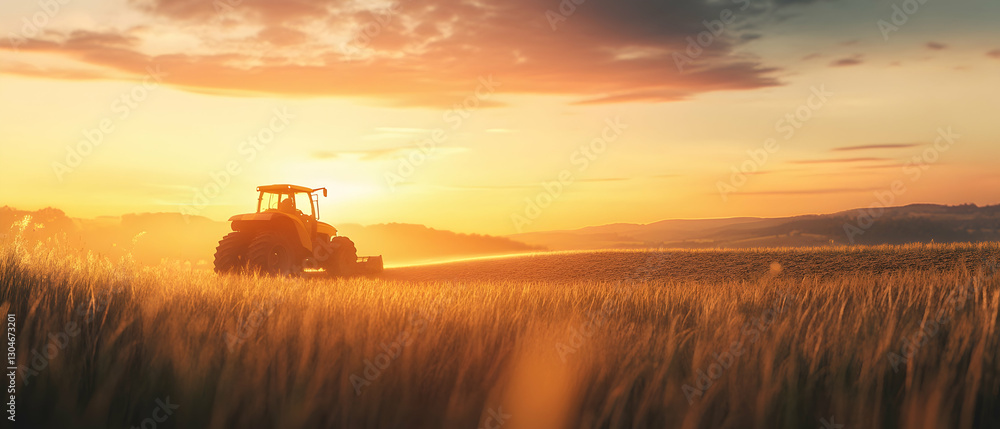 Fototapeta premium Tractor preparing soil beds for sowing seeds at sunset -