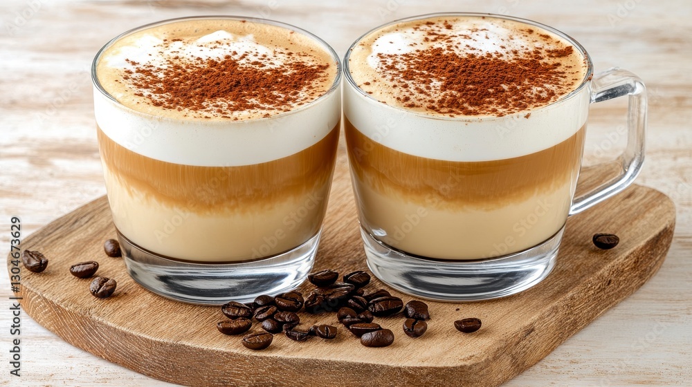 Two Layered Coffee Drinks with Cocoa and Cream on Wooden Board Two Layered Coffee Drinks with Cocoa and Cream on Wooden Board