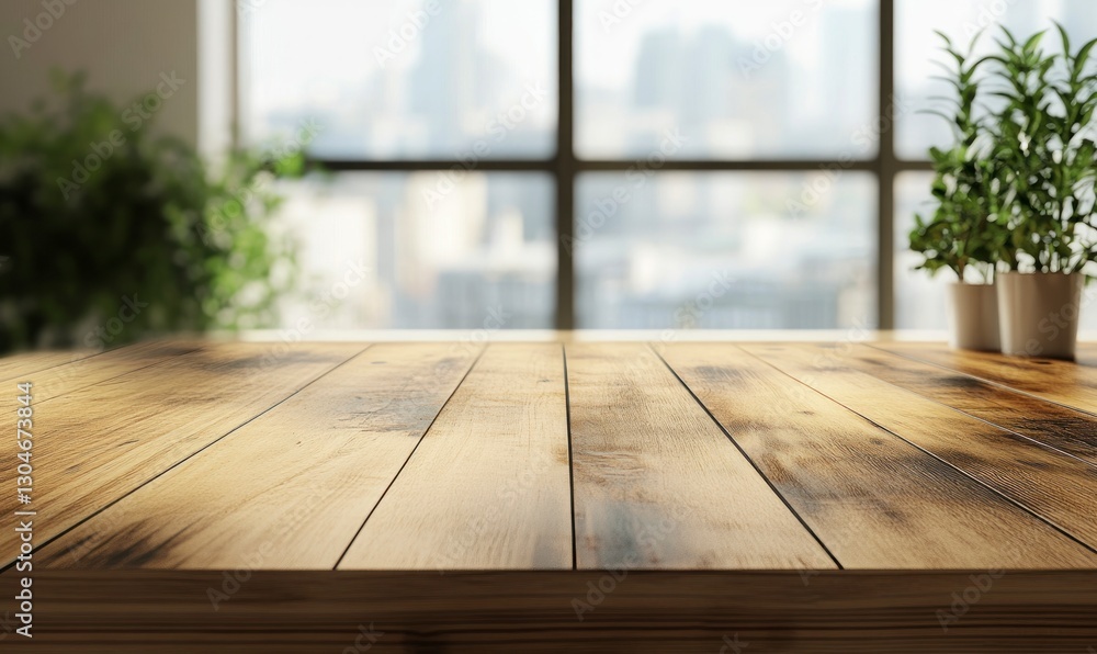Stylish Wooden Table in Sunlit Room with Modern Urban View Stylish Wooden Table in Sunlit Room with Modern Urban View