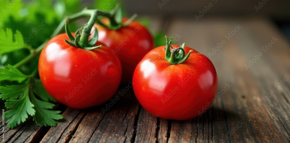 Juicy red tomatoes, vibrant parsley sprigs on rustic wood , vibrant, flatlay Juicy red tomatoes, vibrant parsley sprigs on rustic wood , vibrant, flatlay
