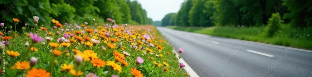 Lush median strip overflowing with wildflowers, dividing a smooth highway, outdoor, sky, day Lush median strip overflowing with wildflowers, dividing a smooth highway, outdoor, sky, day