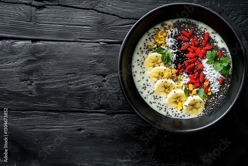 Professional photo of a smoothie bowl with vibrant toppings (chia seeds, banana slices, goji berries, coconut flakes), placed off-center on a black wooden table, leaving empty space for text photo