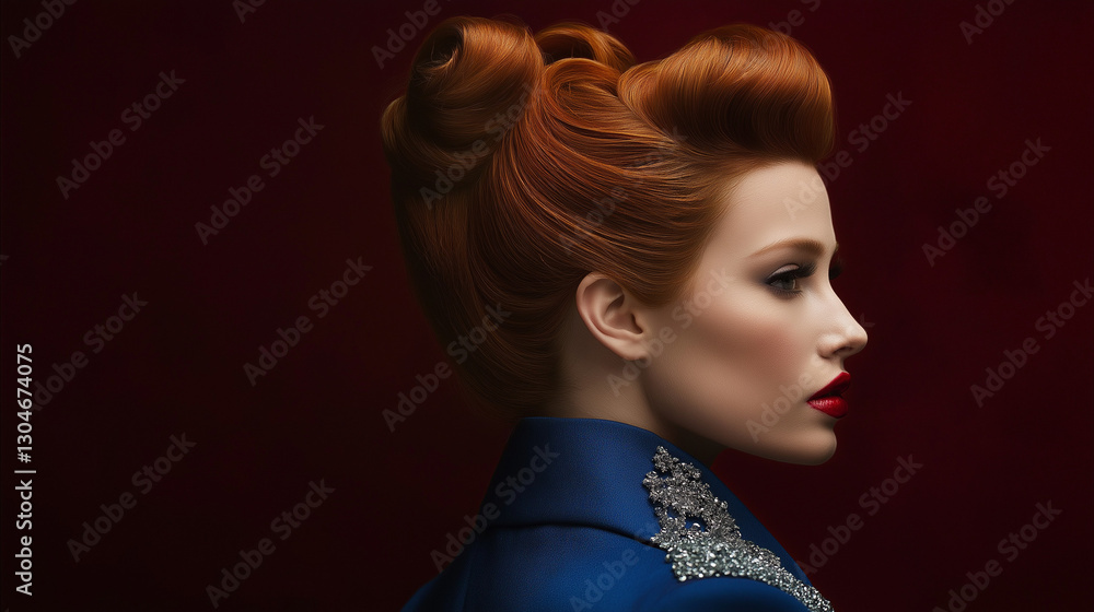 Fototapeta premium A striking portrait of an eccentric woman with vibrant red hair in an elegant updo, wearing a tailored blue suit and a crystal-embellished jacket, gazing away in a side profile with soft lighting agai