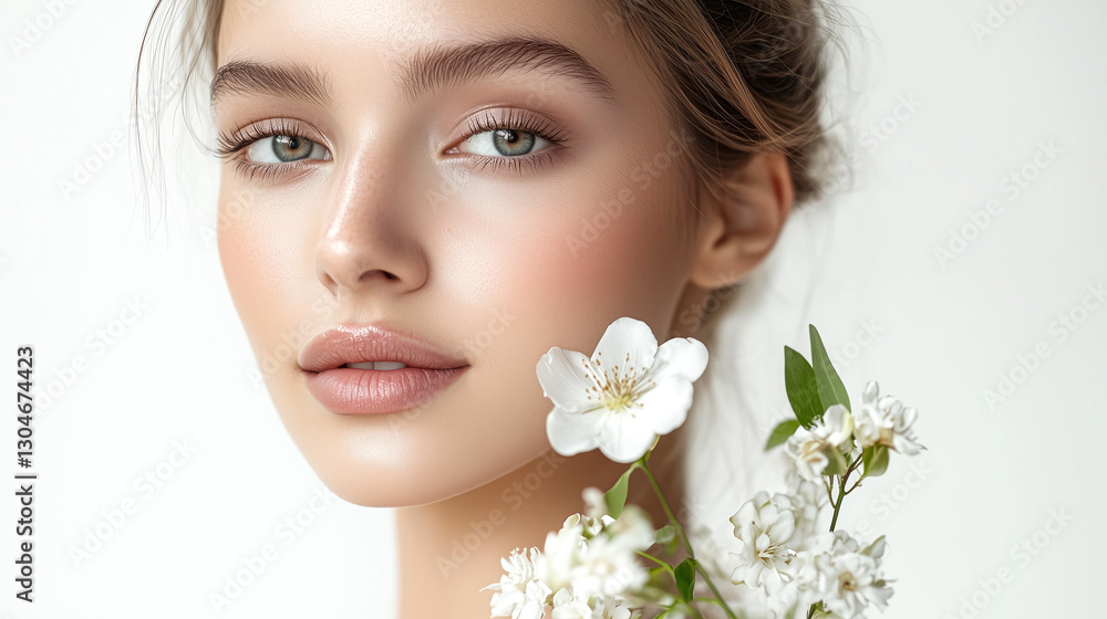 Elegant Beauty Holding White Flowers Against a Clean Background Elegant Beauty Holding White Flowers Against a Clean Background