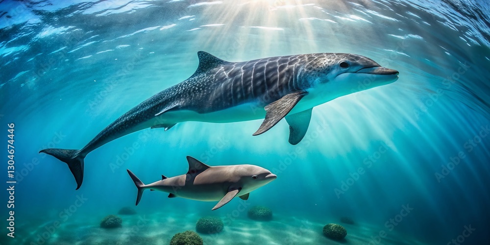 Obraz premium Minimalist Ocean Giants: Bottlenose Dolphin & Whale Shark Encounter