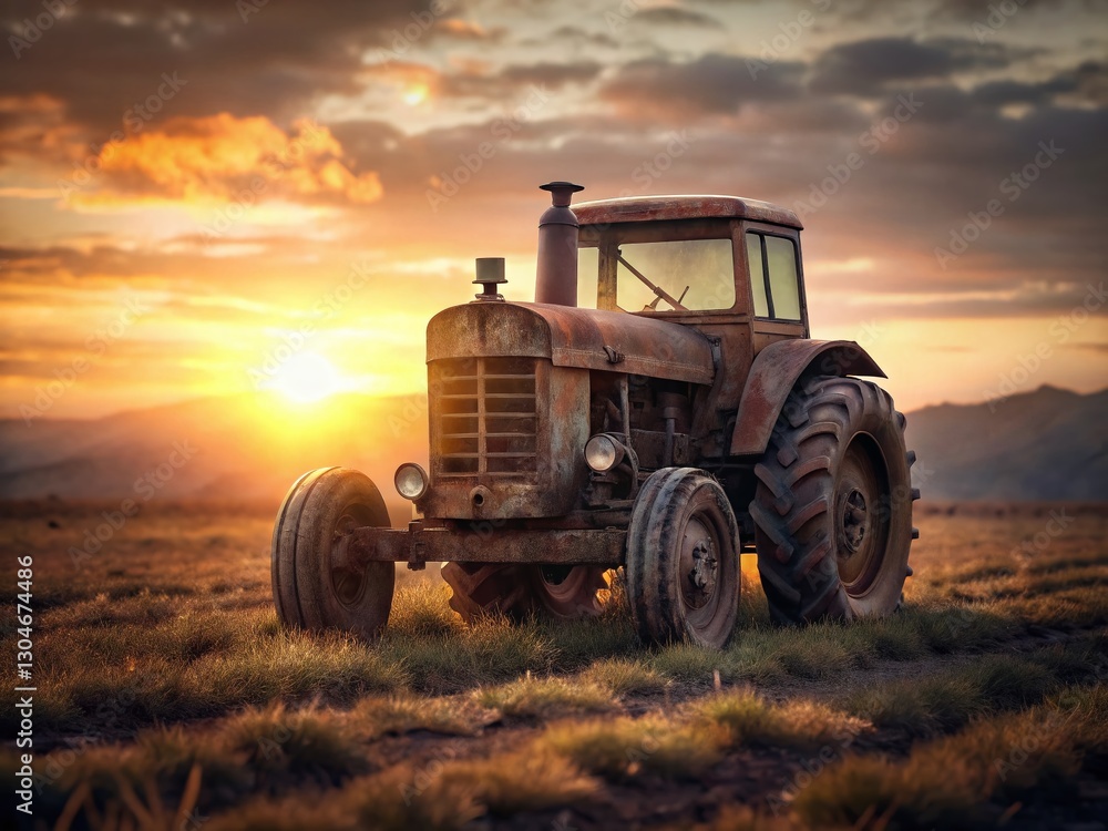 Minimalist Old Farm Tractor in a Sunlit Field - Vintage Agricultural Machinery Stock Photo Minimalist Old Farm Tractor in a Sunlit Field - Vintage Agricultural Machinery Stock Photo