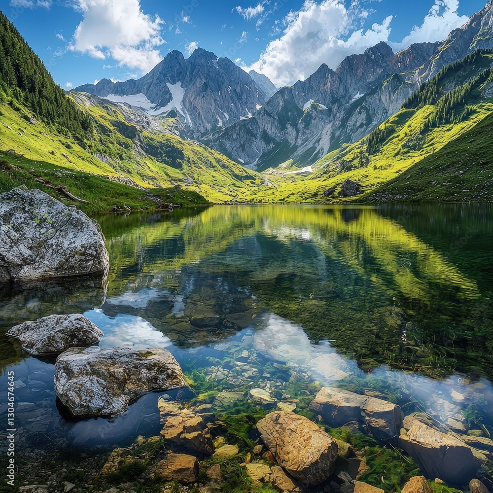 Fototapeta premium Breathtaking mountain lake surrounded by majestic mountain range in a picturesque natural landscape