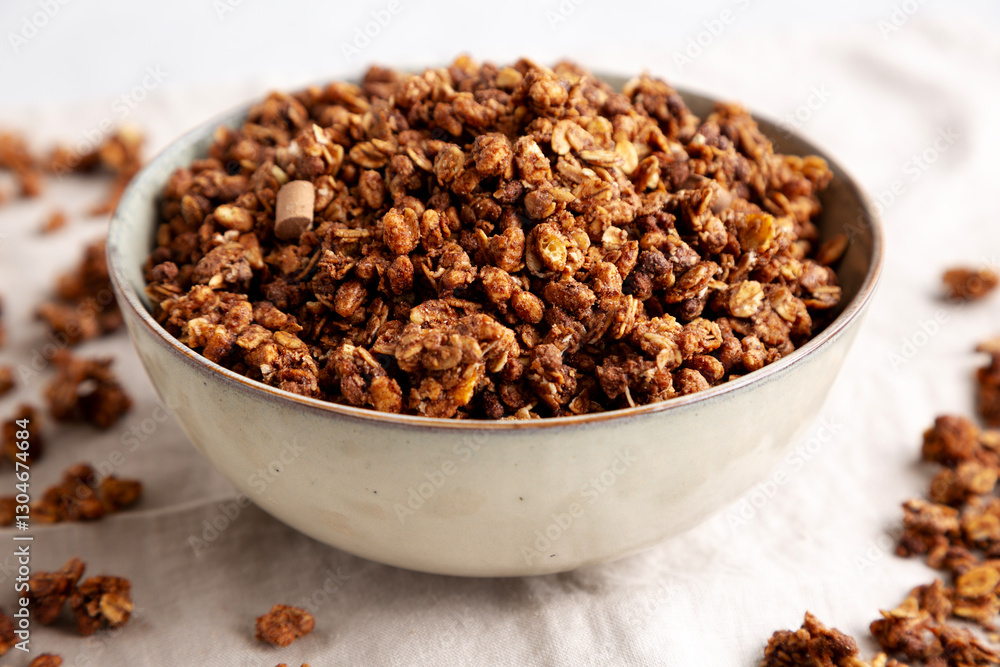 Homemade Healthy Chocolate Granola in a Bowl, side view. Homemade Healthy Chocolate Granola in a Bowl, side view.
