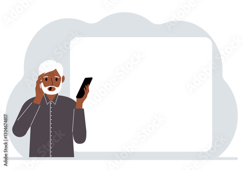 A man looks at a mobile phone. Reads SMS, news or social networks. Large white sheet for text. Vector flat illustration