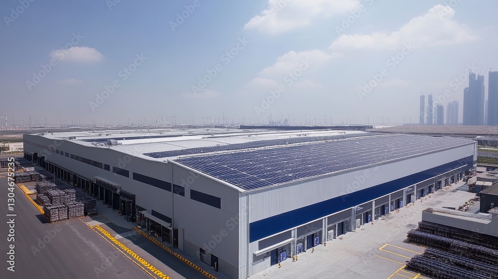 Fototapeta premium Eco-Friendly Logistics Warehouse with Integrated Solar Panels Offering Sustainable Solutions for Efficient Operations and Environmental Responsibility