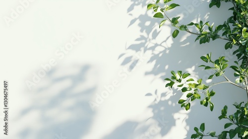 White wall photo, front view with green tree around it, lights and shadows, minimalist background
