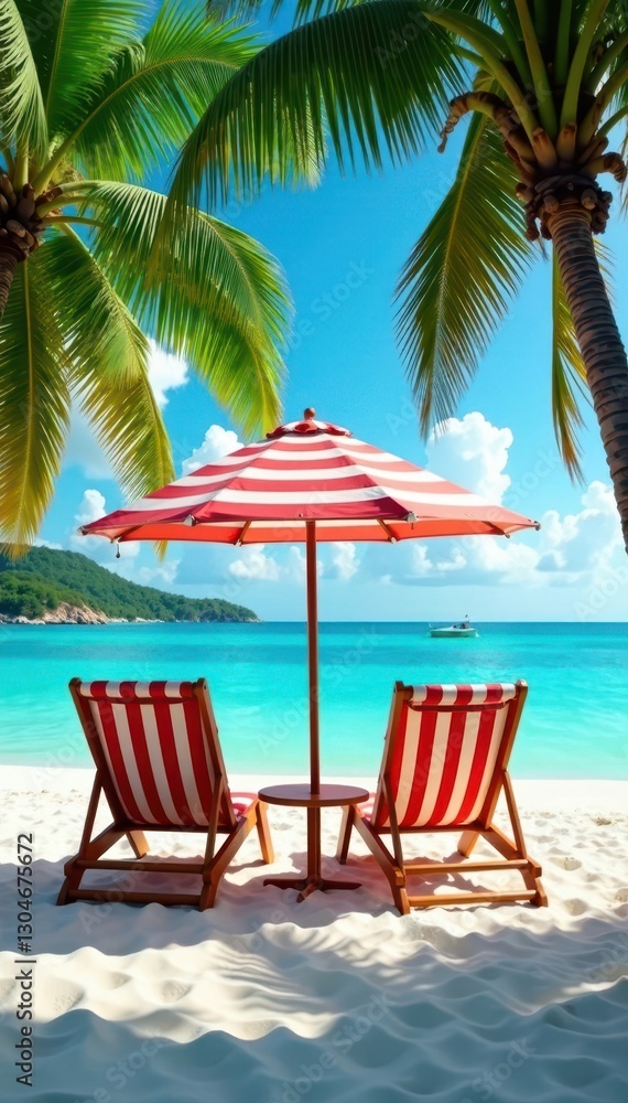 Obraz premium Two deckchairs under a striped parasol, palm trees sway nearby , sun, green