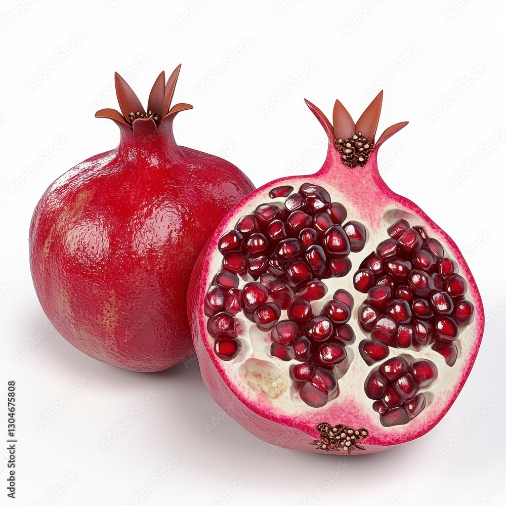 Two Ripe Pomegranates on White Background Close Up View of Red Juicy Seeds Two Ripe Pomegranates on White Background Close Up View of Red Juicy Seeds