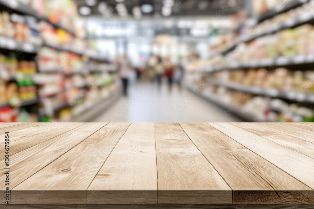 Showcase Wooden Tabletop in Busy Grocery Store Background for Retail Displays Showcase Wooden Tabletop in Busy Grocery Store Background for Retail Displays