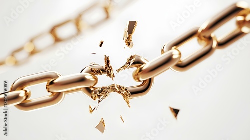 broken golden chain, in the style of hyper-realistic, on a white background. Conceptual design for freedom and breaking free from constraints  or barriers