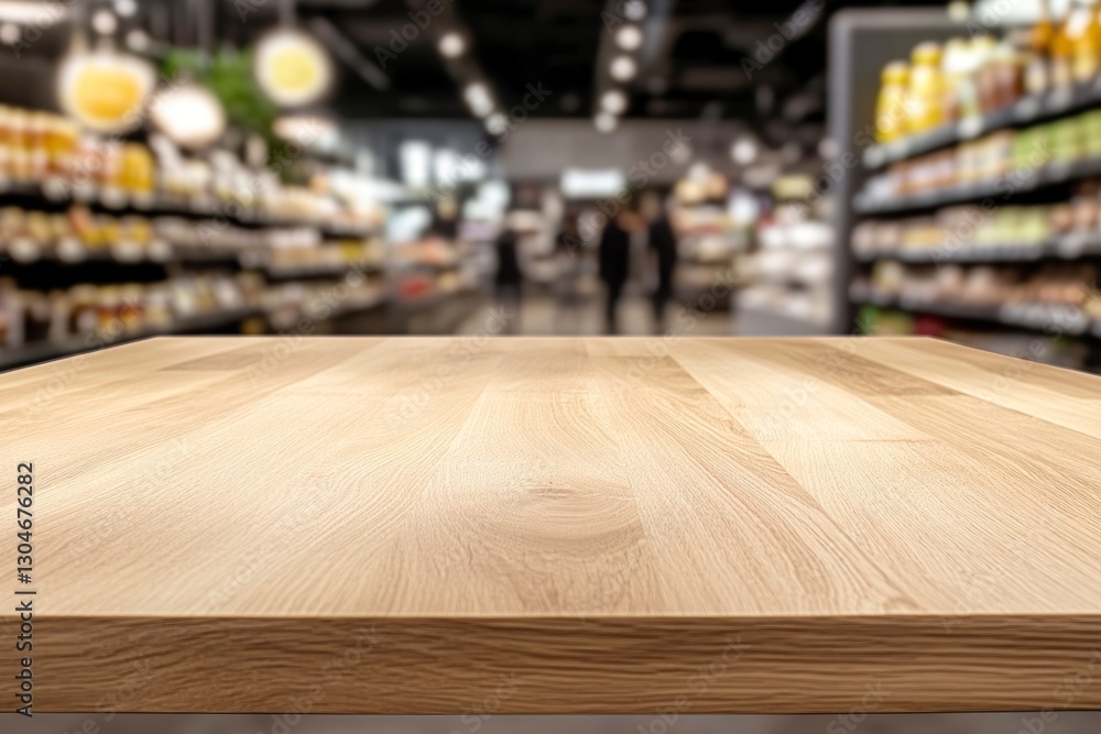 Stylish Wooden Table Surface in Busy Grocery Store Environment for Culinary Photography Stylish Wooden Table Surface in Busy Grocery Store Environment for Culinary Photography