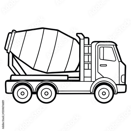 Black and white coloring page of a cement mixer truck.