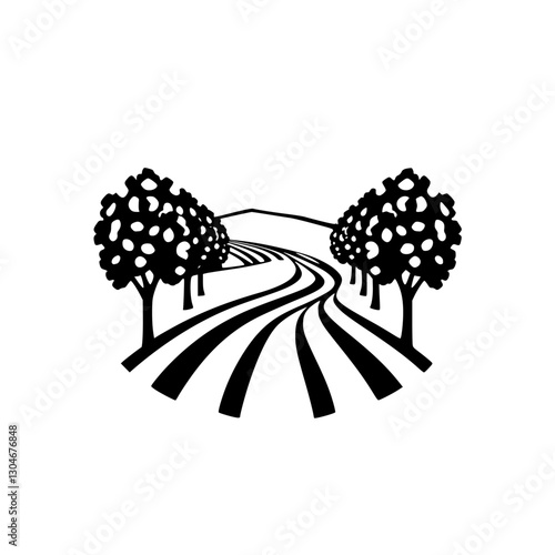 Simple black and white illustration of a scenic, winding road leading through trees and hills, in a minimalist style.