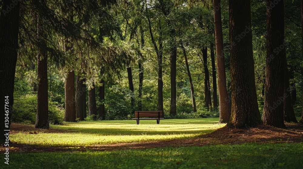 Fototapeta premium A serene park featuring a tranquil bench placed centrally amidst lush green grass and vibrant natural surroundings