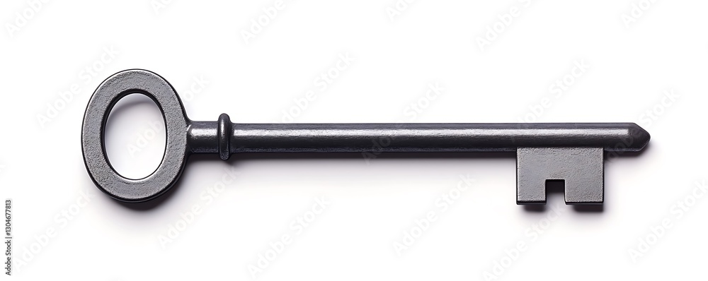 Steel grey industrial key with clean lines, isolated against white Steel grey industrial key with clean lines, isolated against white