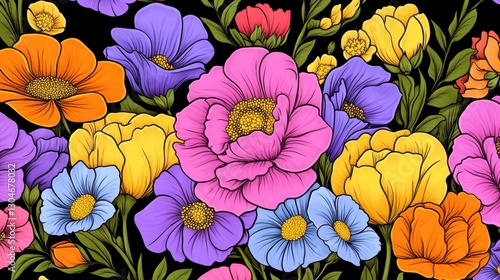Wallpaper Mural Vibrant Colorful Floral Illustration with Peonies and Other Flowers on Black Background Torontodigital.ca
