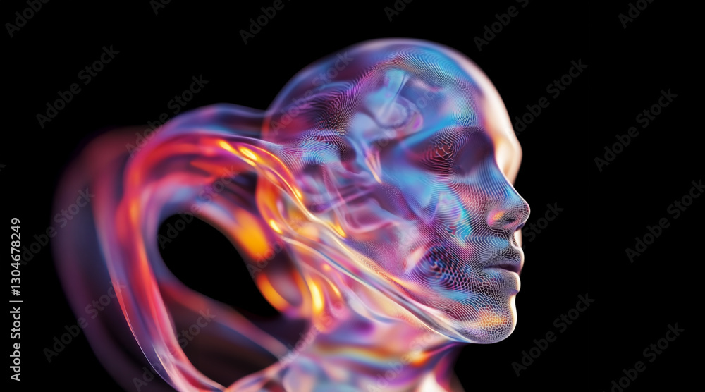 Generated image. transparent face made of glass casts light glare Generated image. transparent face made of glass casts light glare