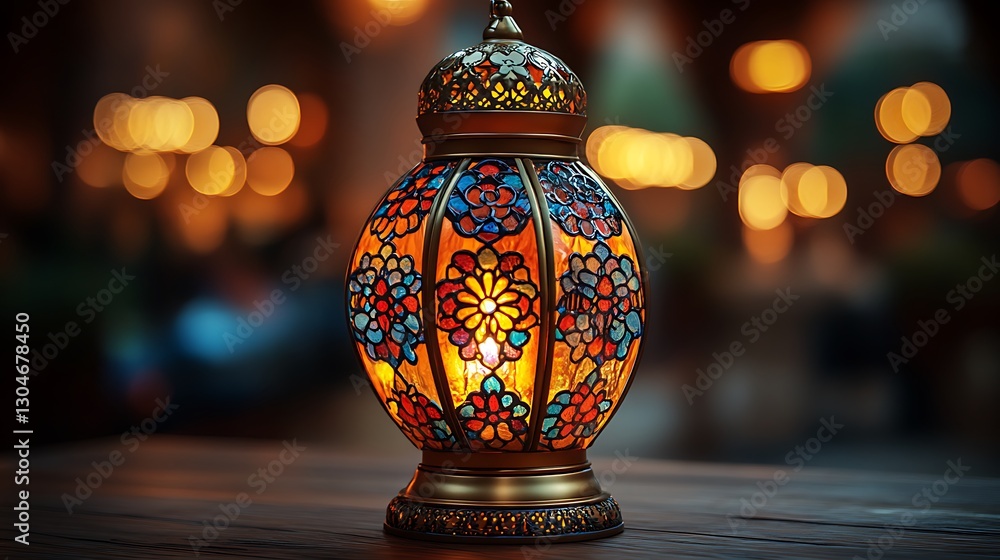Vibrant Mosaic Lantern Glowing Warmly With Intricate Patterns Against a Soft Bokeh Backdrop Vibrant Mosaic Lantern Glowing Warmly With Intricate Patterns Against a Soft Bokeh Backdrop