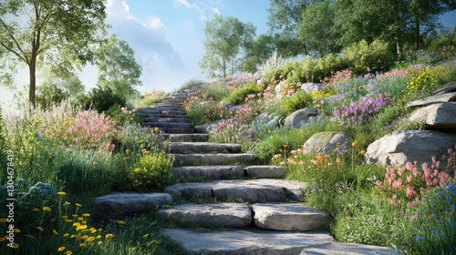 Stone Steps Ascending Through A Vibrant Wildflower Garden