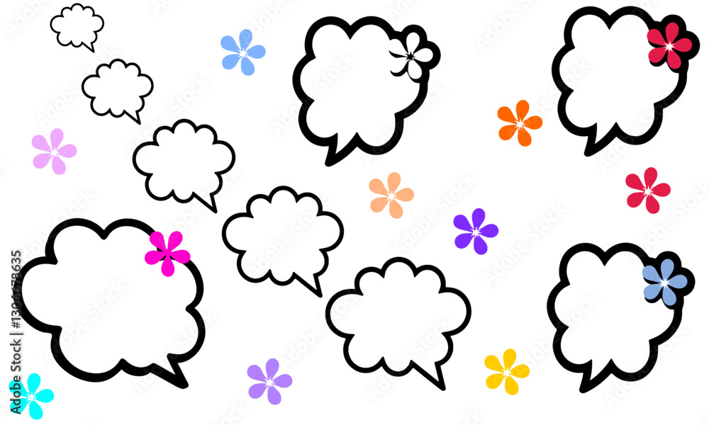 Cartoon speech bubbles with colorful flowers, chat cloud decorated with flower, transparent background Cartoon speech bubbles with colorful flowers, chat cloud decorated with flower, transparent background