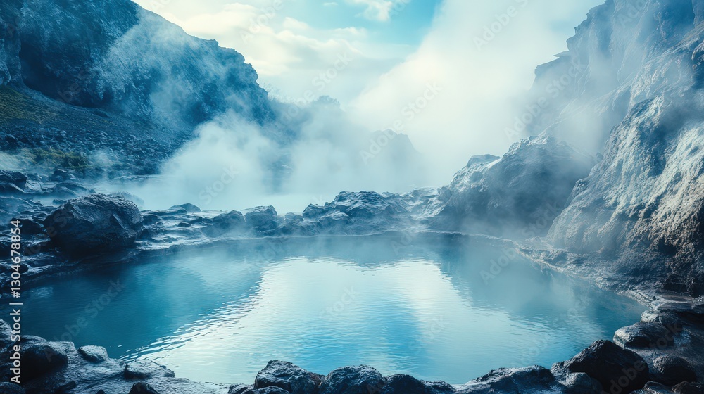 Fototapeta premium Serene Geothermal Pool Nestled Among Misty Mountains